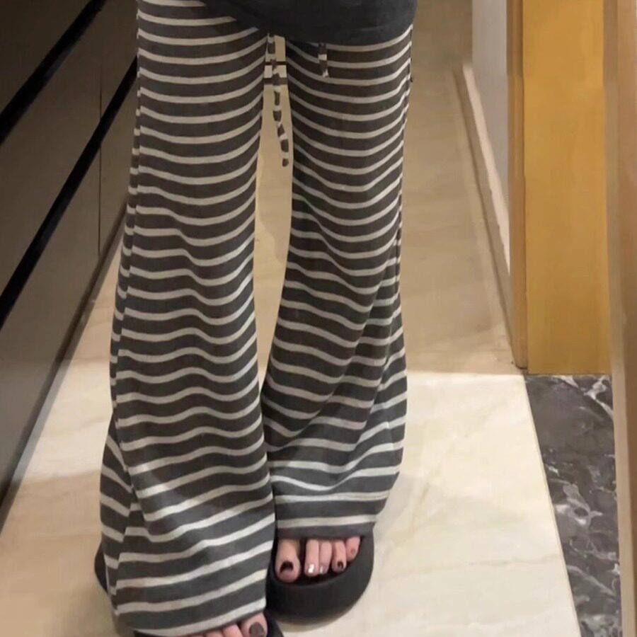 条纹遛弯裤微喇裤女夏薄款休闲裤高腰垂感百搭显瘦慵懒风黑色裤子图片