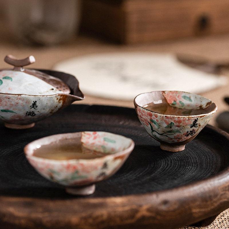 PLCQ033复古手具绘老泥粗陶小茶杯柴岩烧功夫茶海棠杯斗单笠杯主