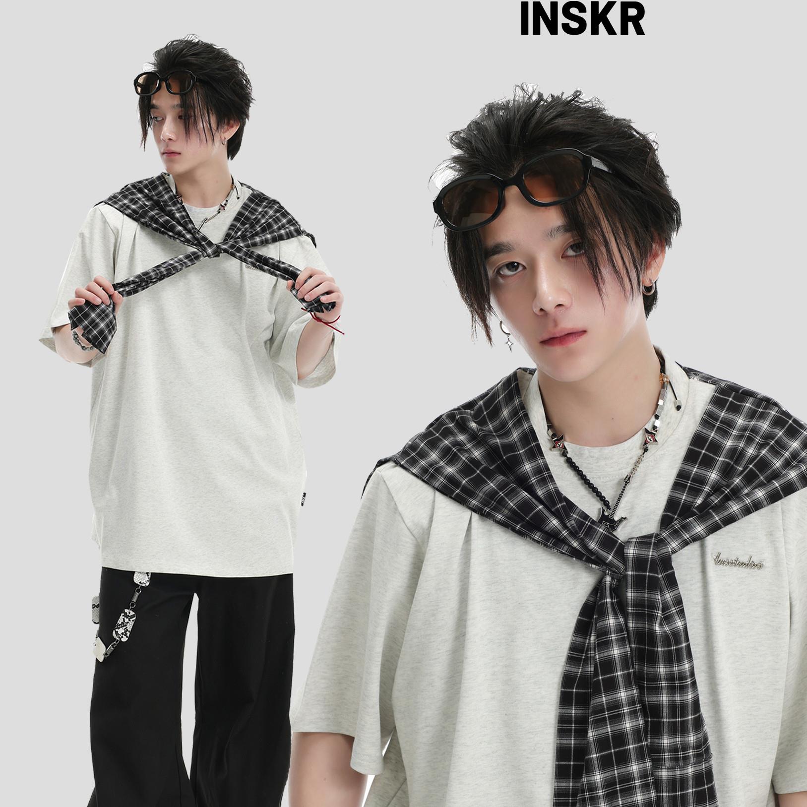 【INSKR】国潮牌情侣美式拼接打结格子假两件短袖宽松纯棉T恤男女