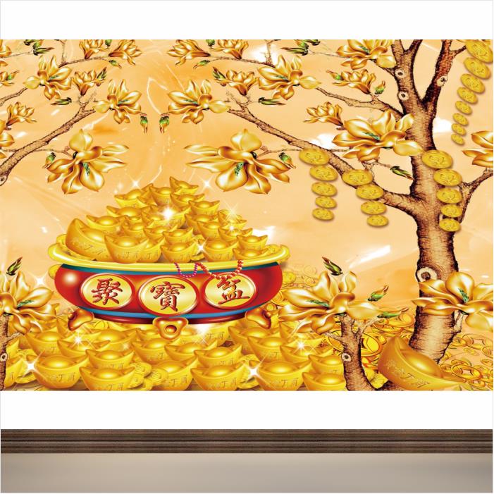 聚宝盆招财进宝装饰画客厅走廊玄关壁画金元宝发财树聚财墙贴画图片