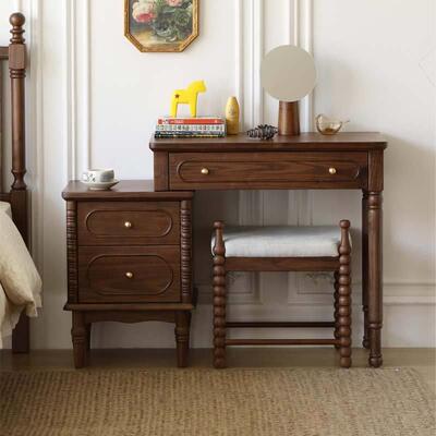 法式GAE复古北美黑胡一桃实木梳妆台斗柜化妆体桌卧室小型床头书