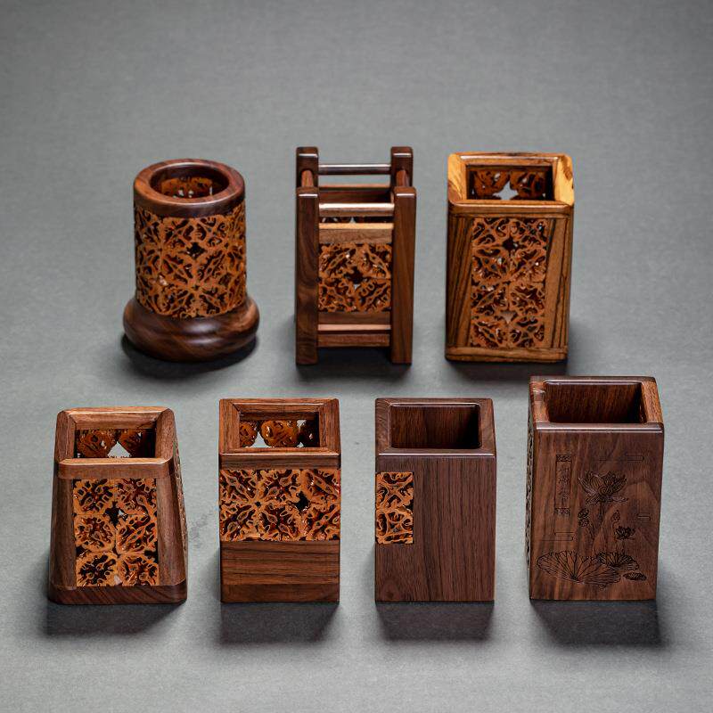 茶具六君子茶道配件收纳筒 胡桃木镂空笔筒 核桃复古中国风茶道筒