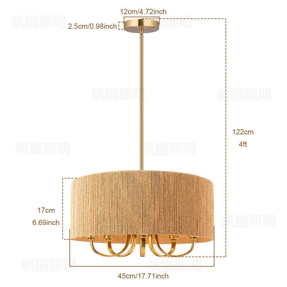 美式吊灯纸绳编织吊灯北欧简约客厅圆形吊灯美规金色5头吸顶吊灯