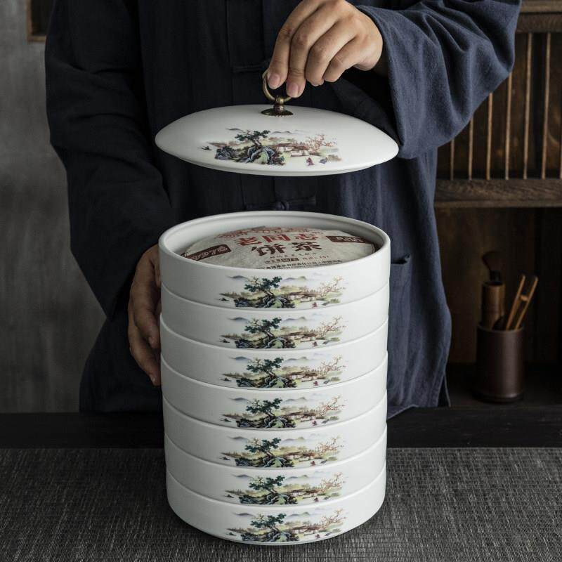 茶饼罐陶瓷可叠放普洱茶饼收纳盒家用醒茶罐茶盒茶仓储物罐普洱罐