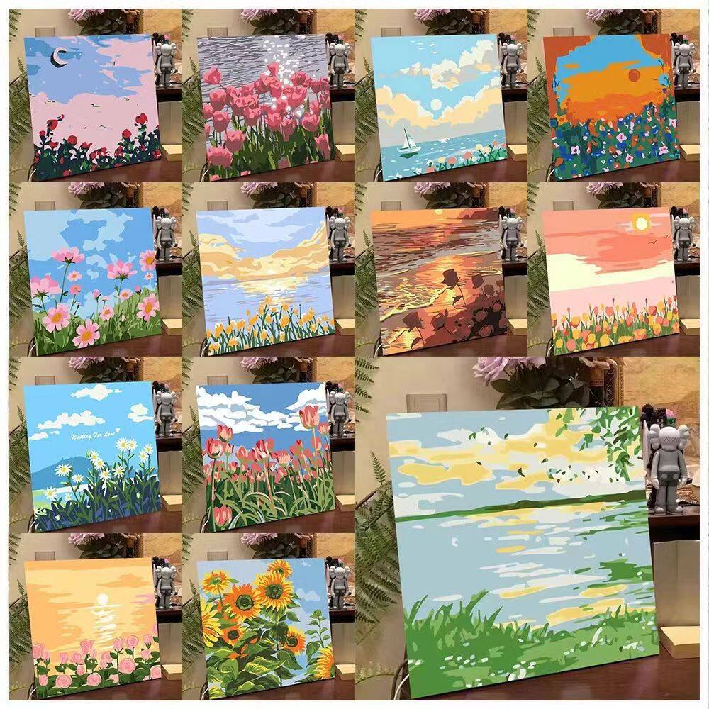 花朵数字油画diy填色手工画儿童手绘填充风景郁金香数字油画