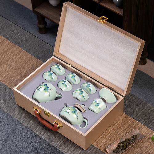 汝窑茶具套装家用陶瓷功夫茶具泡茶杯子盖碗茶壶送礼盒装客厅办公