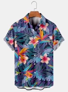 Casual Hawaiian Flower Shirt Collared Shirt Classic Short