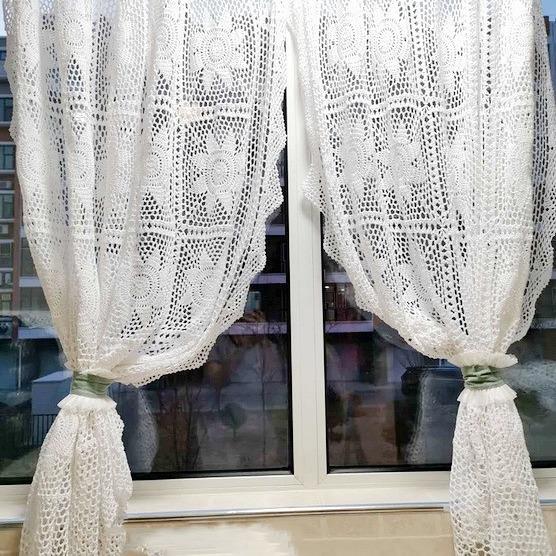 中式窗帘纱复古怀旧成品透光镂空纯手工钩织纯棉线餐桌布长方米白