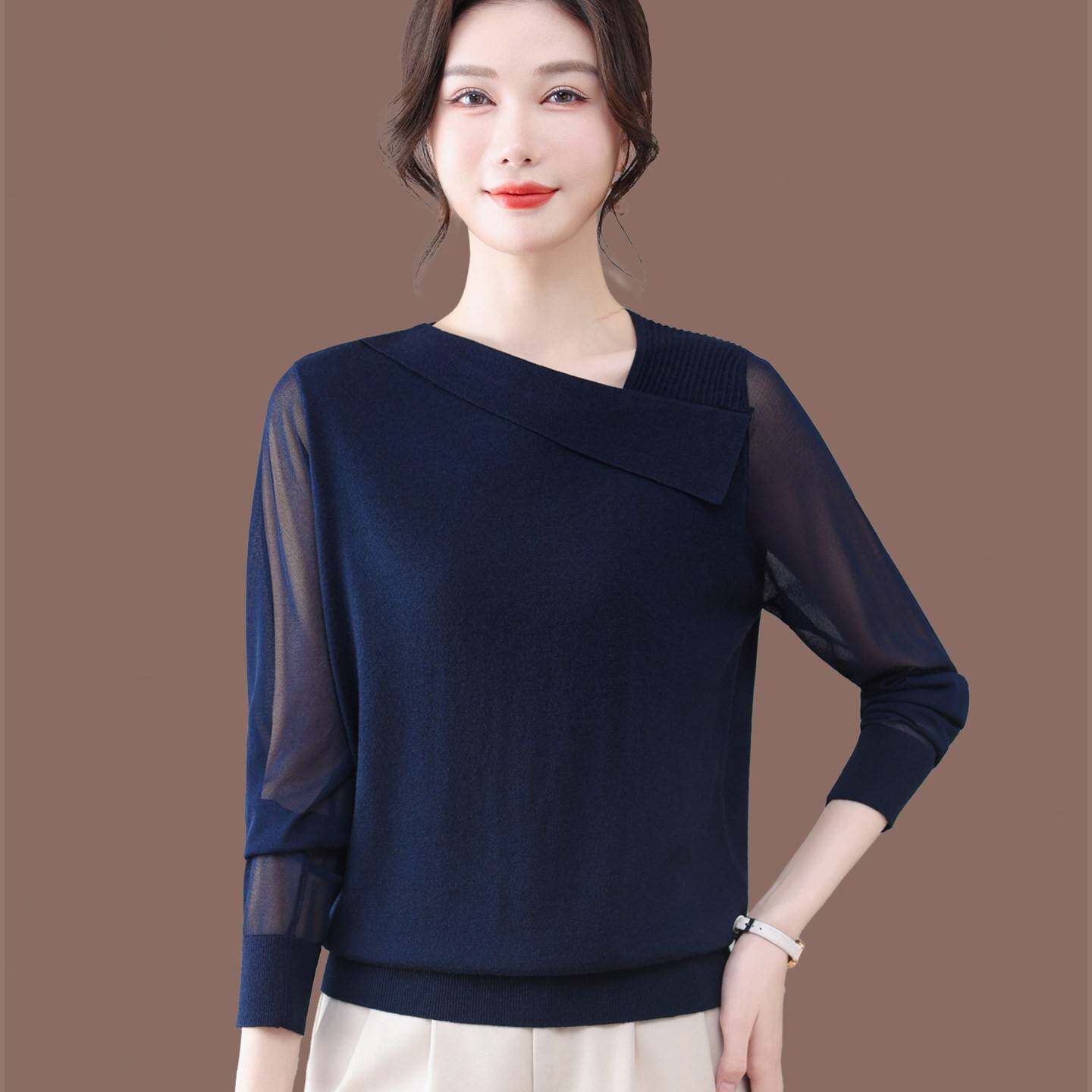 高档桑蚕丝T恤女长袖通勤风不对称针织上衣洋气打底衫春装新款