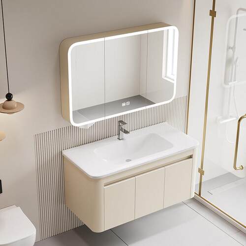 圆角铝合金美妆浴室柜陶瓷一体盆洗手盆一体柜圆角智能镜柜奶油色