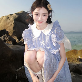 可爱娃娃领甜美公主，连衣裙女夏2024年设计感格纹蕾丝边蓬蓬裙