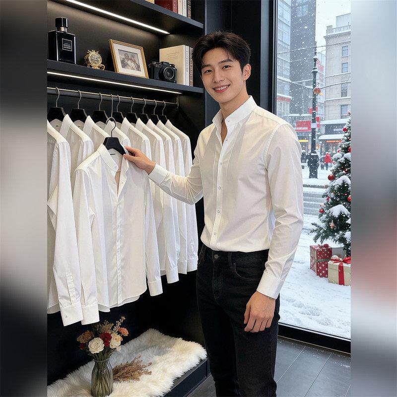 高端轻熟风立领长袖衬衫男2026春秋季正装修身气质上衣新中式衬衣