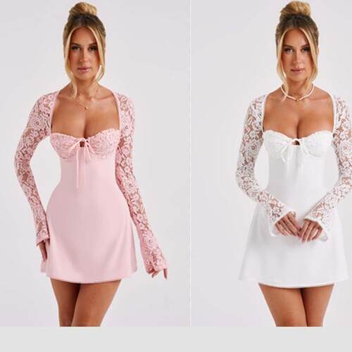 Women Mini Dress Long Sleeve Backless Lowcut Tieup Lace