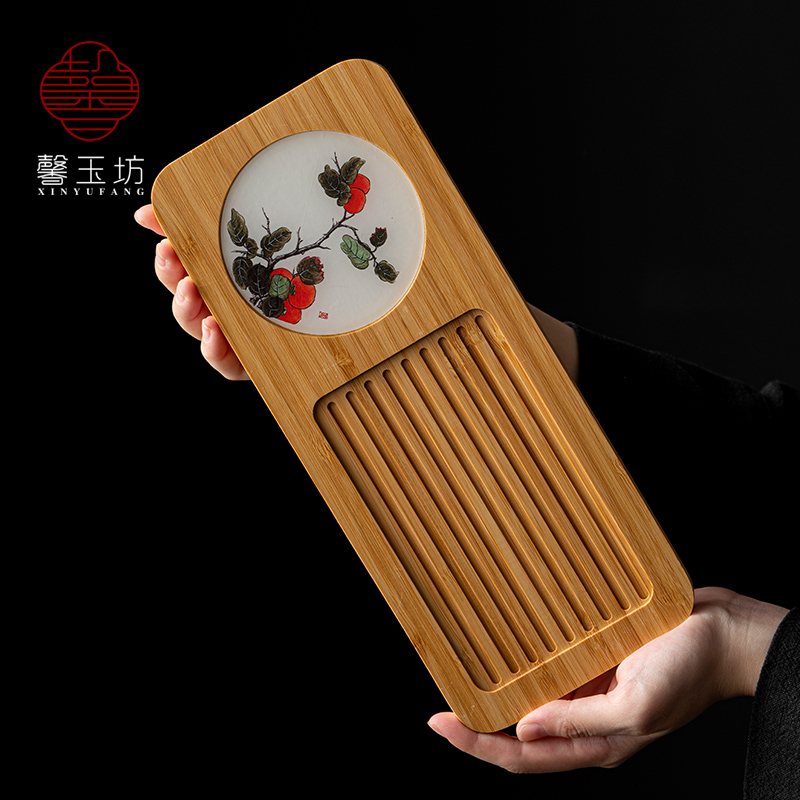 竹制便携茶盘彩绘花鸟小泡茶台日式干泡盘功夫茶具茶海茶托盘