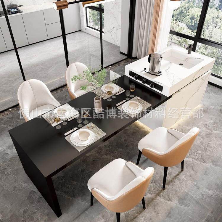 奶油风岩板台EPY餐桌一体可伸缩小饭户型端高家用轻奢餐厅中导岛