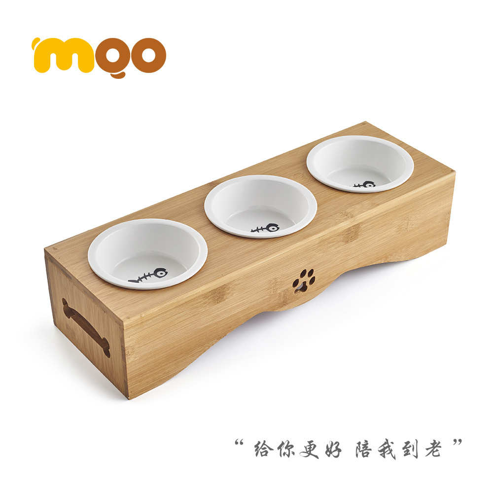 宠物用品猫咪宠物食具天然竹木餐桌三碗不锈钢碗陶瓷碗狗碗宠物碗