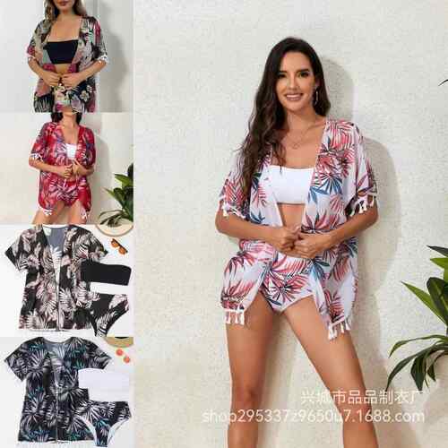 Printed Hoodie Bikini strapless fringe swimsuit Female