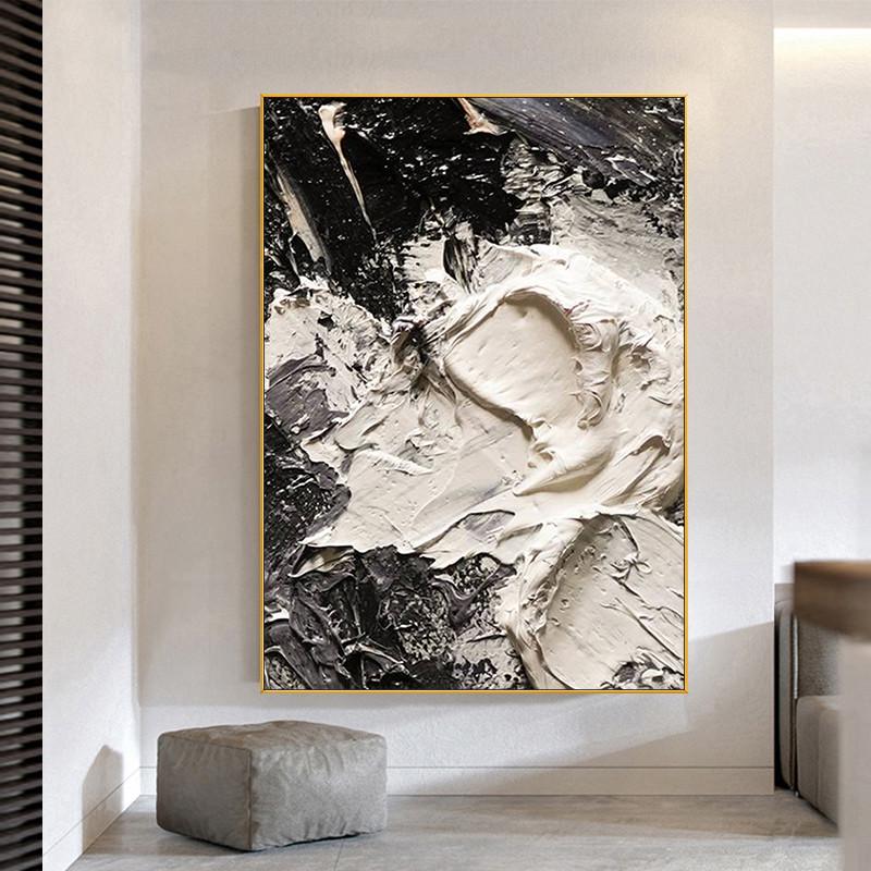黑白立体手绘油画现代简约客厅装饰画厚肌理玄关装饰画餐厅挂画