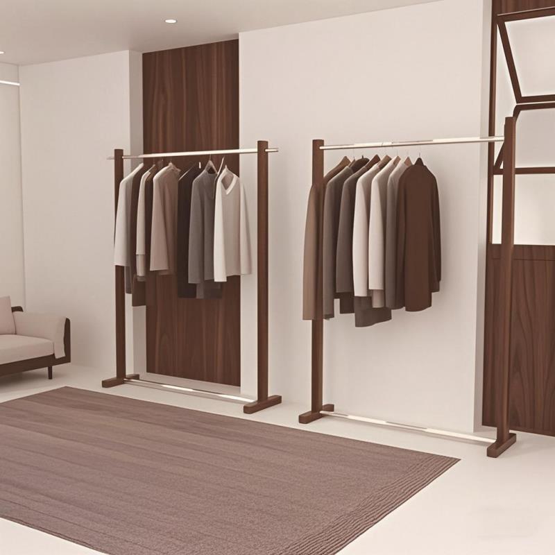 需定制新款服装店展示架不锈钢挂衣架铁艺木纹色落地式陈列架挂衣