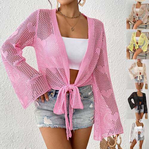 Women's cardigan, women's tied flared sleeve machine woven