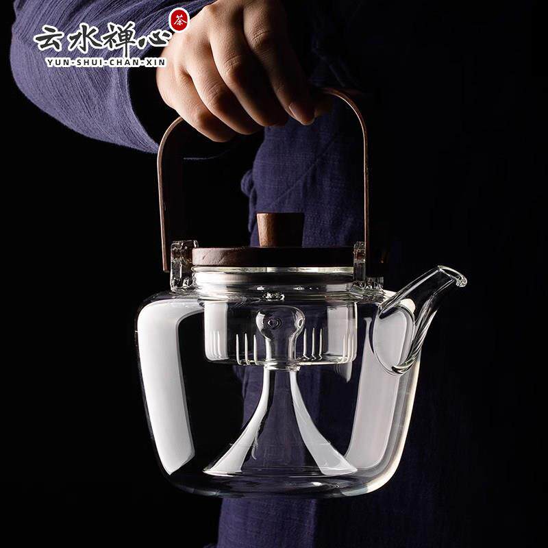耐高温玻璃煮茶壶 复古风格茶具组 手工胡桃木盖电陶茶壶