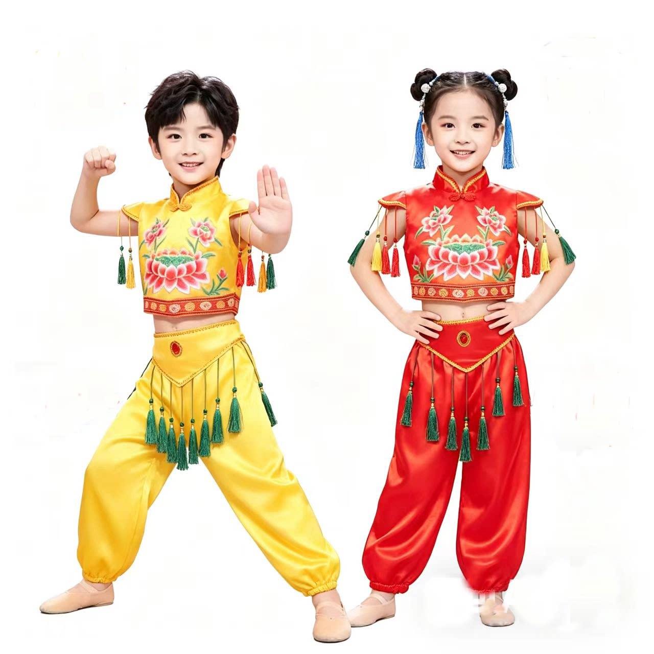 儿童喜庆演出服盛世欢腾红色打鼓服黄色腰鼓幼儿小学生太平鼓服装