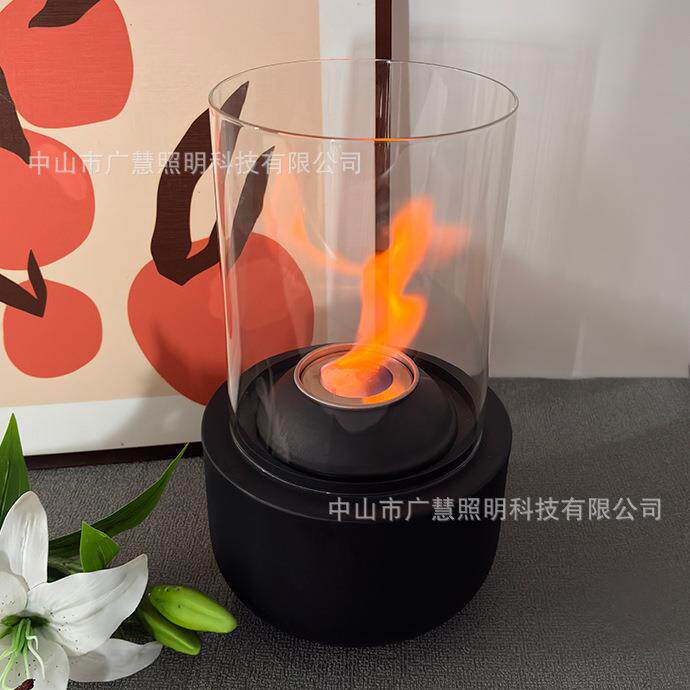 跨境圆形玻璃笔筒形状酒精壁炉室内户外便携圆形不锈钢桌面火炉