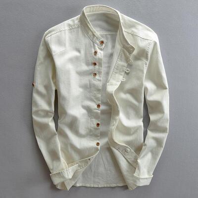 Men's linen cotton men's shirt stand collar buried clip