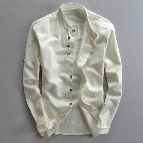 Men's linen cotton men's shirt stand collar buried clip