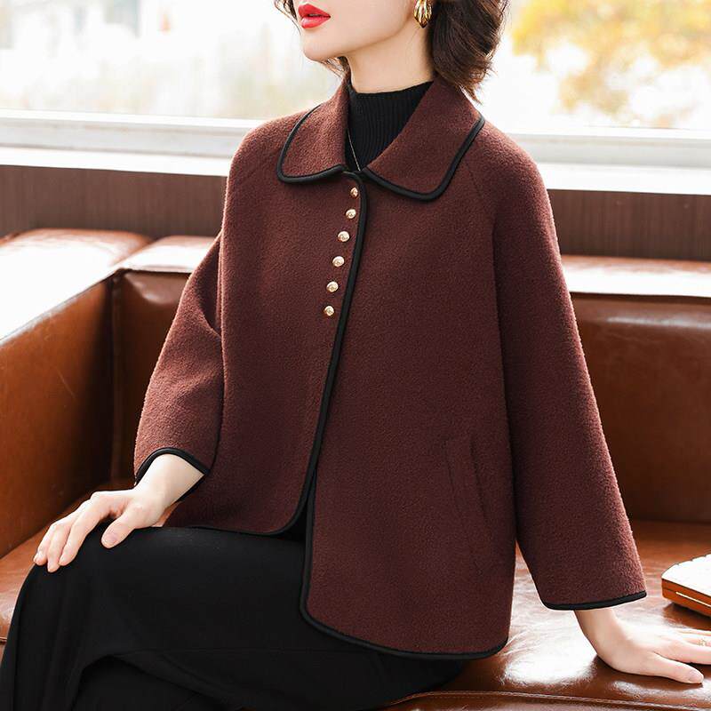 年轻妈妈春秋装短款毛呢外套2025新款中老年女装双面呢高贵上衣服