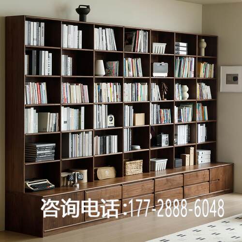 一体整墙樱桃木去客厅化带卡座落地黑胡桃木定制满墙书柜实木书架