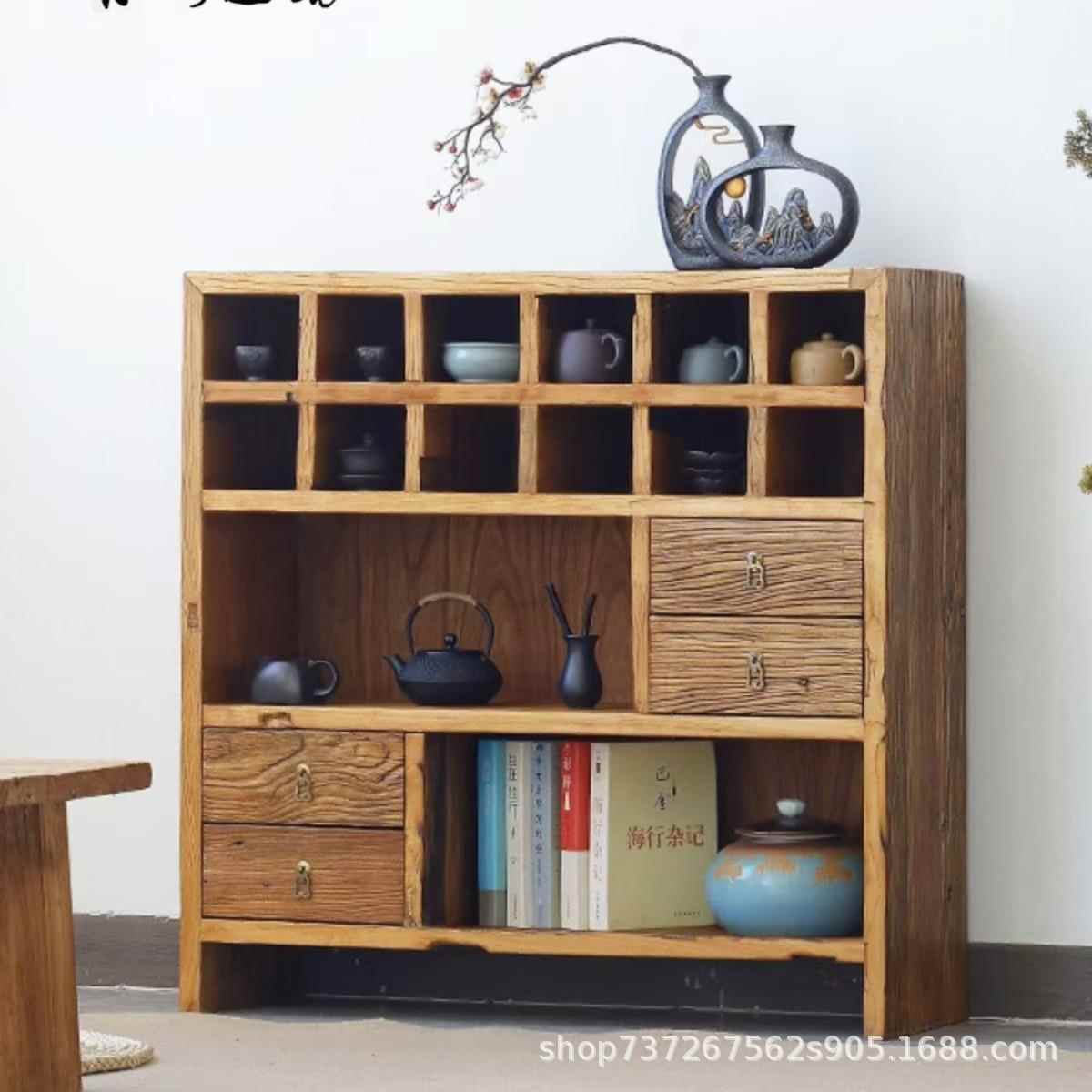 落地式实木展示架小型多宝阁博古架茶杯茶具置物架老榆木收纳柜