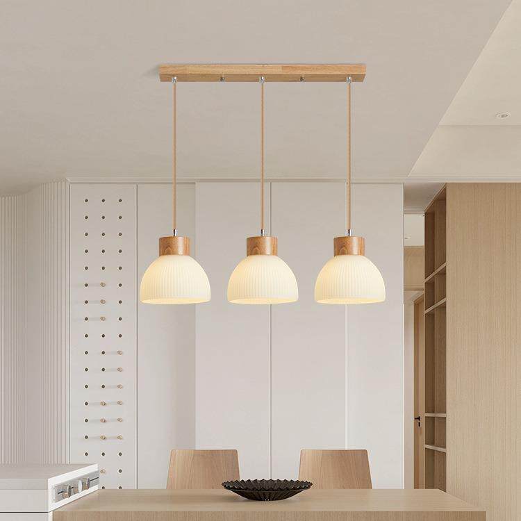 自然北欧原木LED餐厅灯三头直排实木餐吊极简约现代吧台吊灯