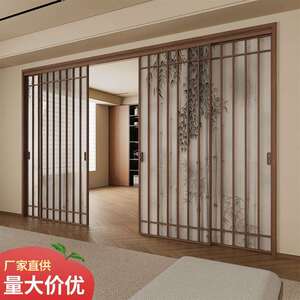 复古宋氏美学推拉门厨房阳台客厅隔断格栅移门新中式竹影玻璃门