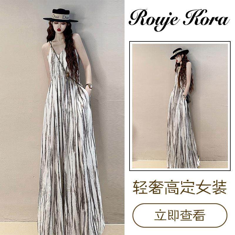 Rouje Kora法式度假风碎花沙滩裙女士夏季无袖高腰吊带裙飘逸长裙