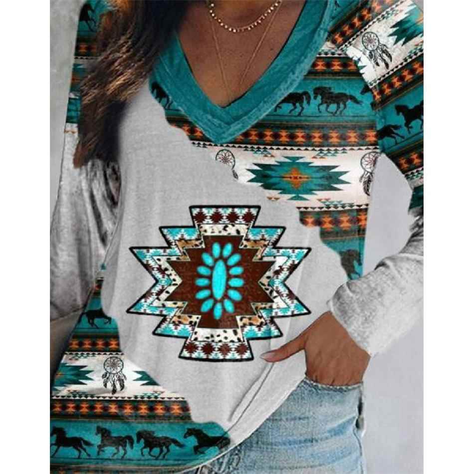 Womens Fashion Loose Round Neck Digital Western V T-Shirt