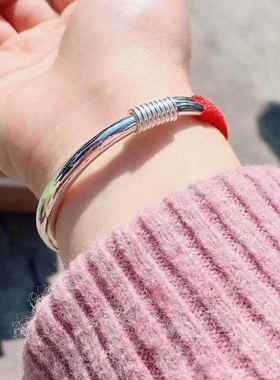 正品银999纯银足手镯女实心族光面绕丝宝足银大人宝款手工定制民