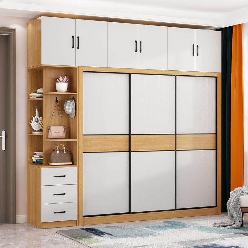 原木色移门衣柜家用卧室柜子简易组装衣橱滑门储物柜北欧简约衣柜
