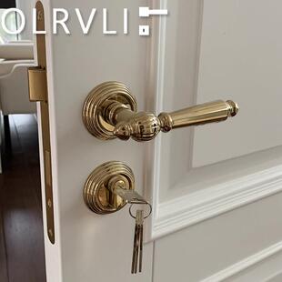 意大利轻奢门锁进口经典 复古简约北欧金色黄铜门锁静音磁力房门锁