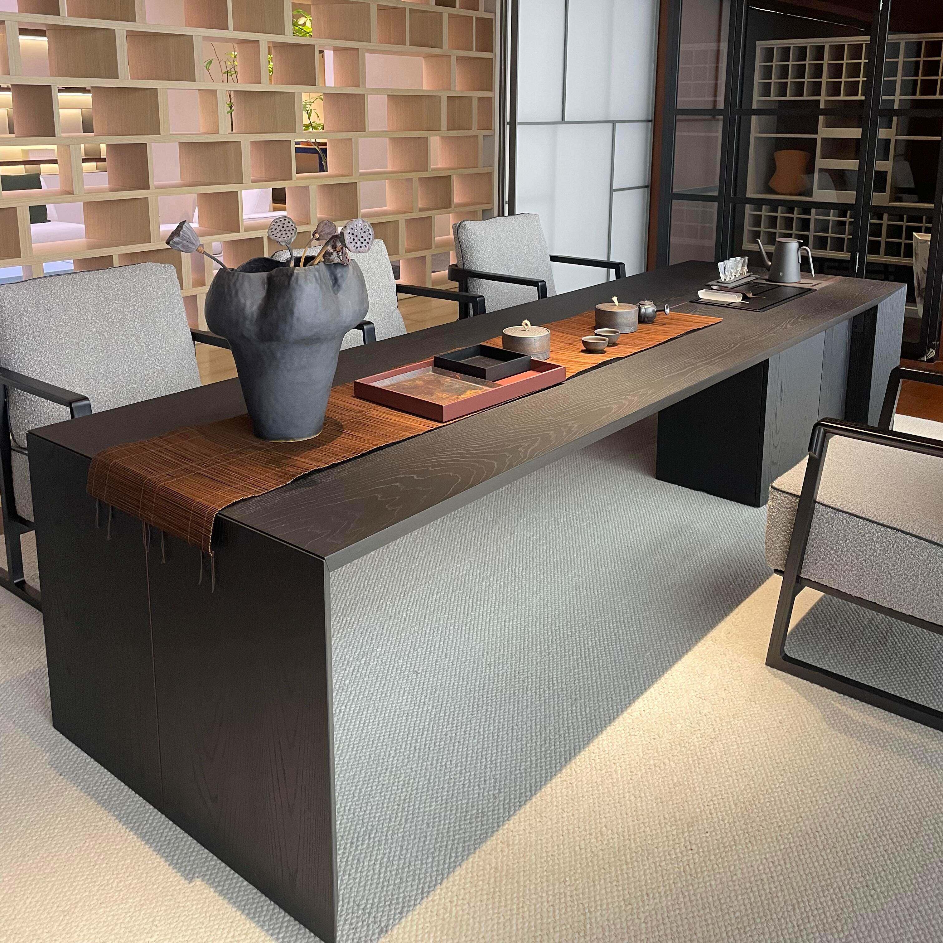 中古风实木茶桌家用办公桌会客区储物多功能茶台长方形泡茶桌组合