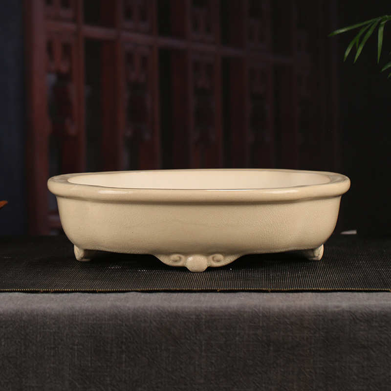 宜兴紫砂花盆批发大号复古三脚莲花浅盆桌面落地盆景装饰文竹YD07