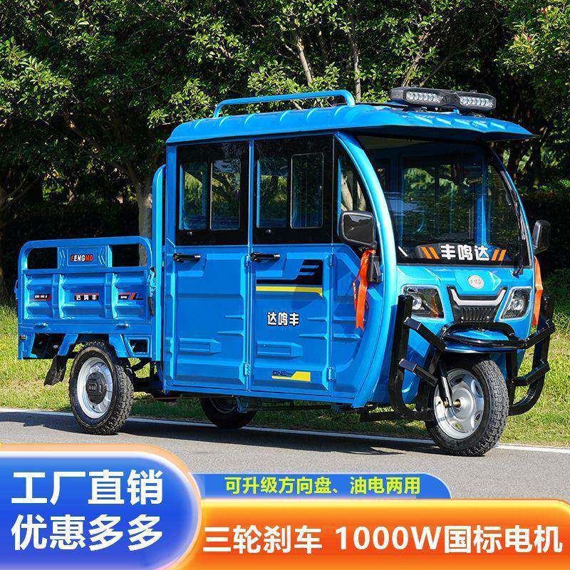 电动三轮车家用拉货带棚农用双排半封闭方向盘客货油电两用载重王