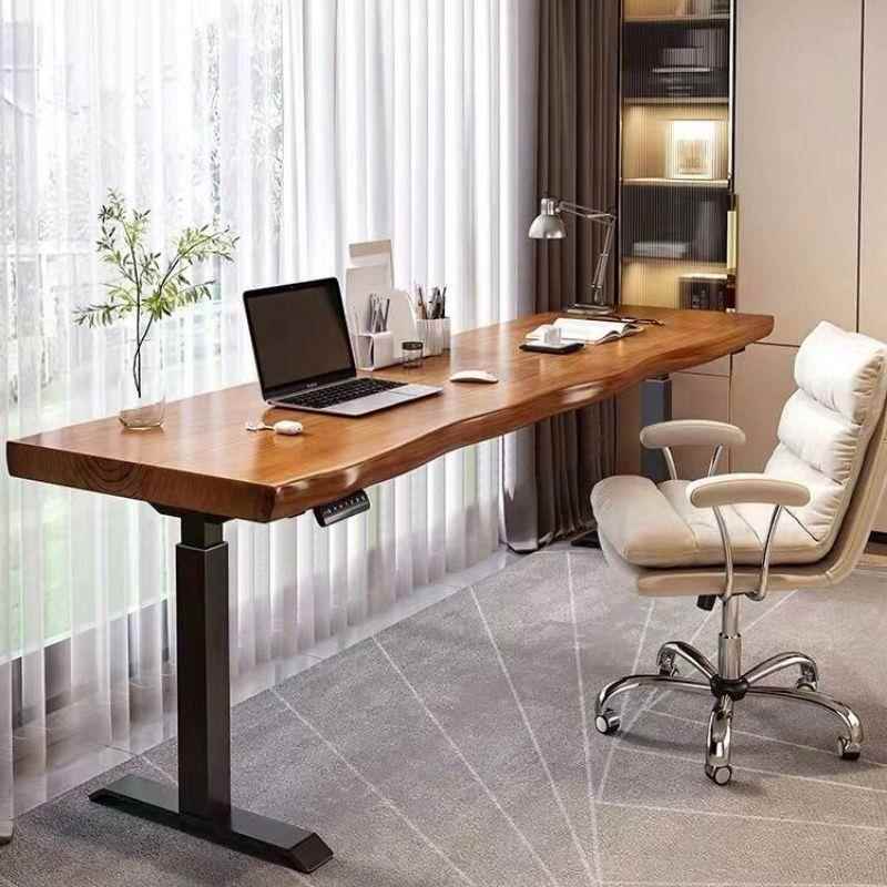 原木大板书桌学习办公电脑桌实木站立式工作台家用智能电动升降桌