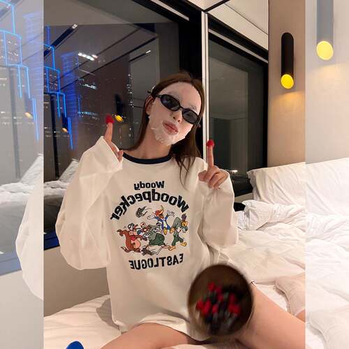 【13C】懒懒时髦纯棉圆领撞色印花长袖短袖T恤女宽松休闲落肩上衣