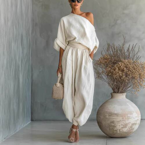 2pcs Set OffShoulder Loose Top And Jogger Pants Relaxed