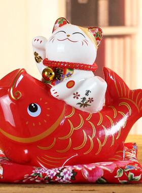 招财猫陶瓷家居桌面锦鲤鱼摆件创意发财猫小号存钱罐店铺装饰礼品
