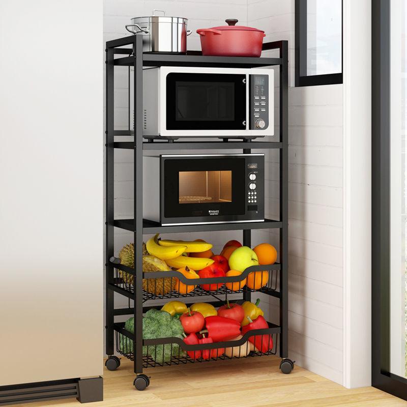 PK7J不锈钢厨房菜篮置物架落地式多层推车放水果蔬菜锅收纳筐微波