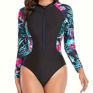 女士海边假期划水冲浪圆领拉链拼色一件式女士冲浪服