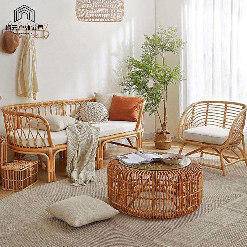 酒店民宿天然藤编床三人双人真藤沙发床防水防晒休闲沙发床组合