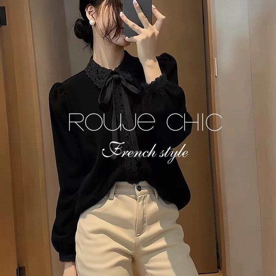 法国rouje chic春季法式复古蕾丝拼接蝴蝶结系带衬衫丝绒衬衣女